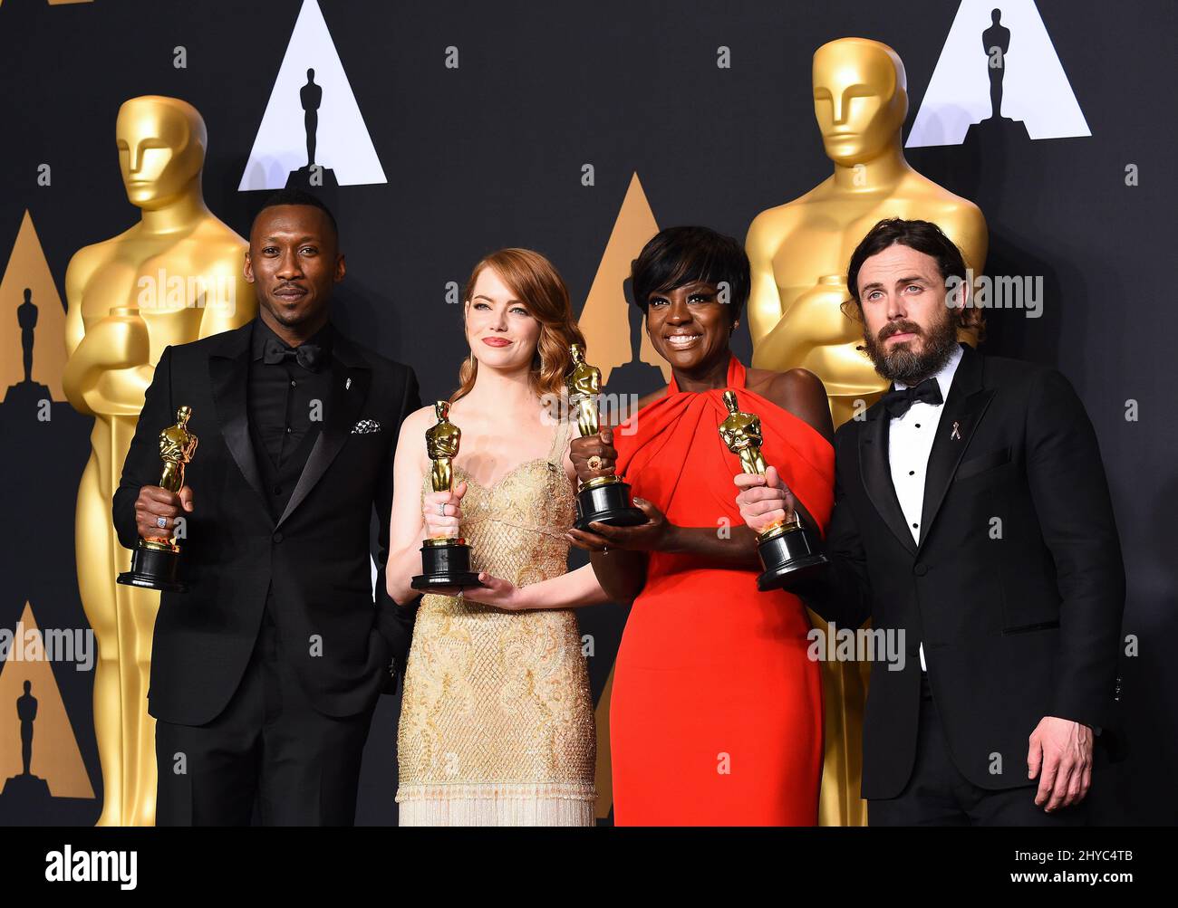 Mahershala Ali, Emma Stone, Viola Davis and Casey Affleck in the press room at the 89th Academy Awards held at the Dolby Theatre in Hollywood, Los Angeles, USA. Stock Photo