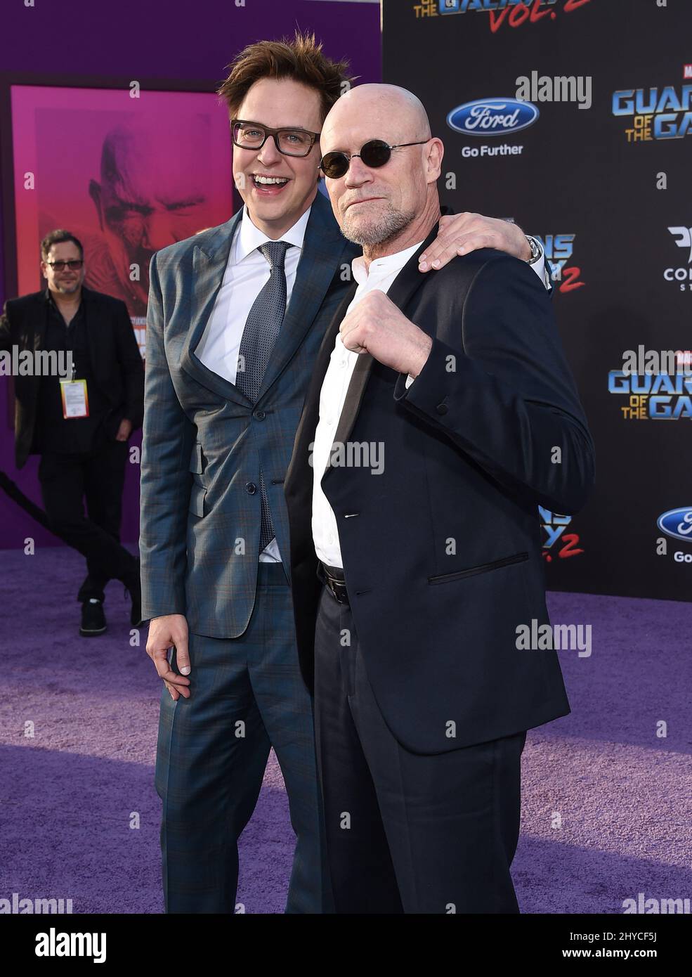 James Gunn and Michael Rooker attending the world premiere of Guardians of the Galaxy Vol. 2 in Los Angeles Stock Photo