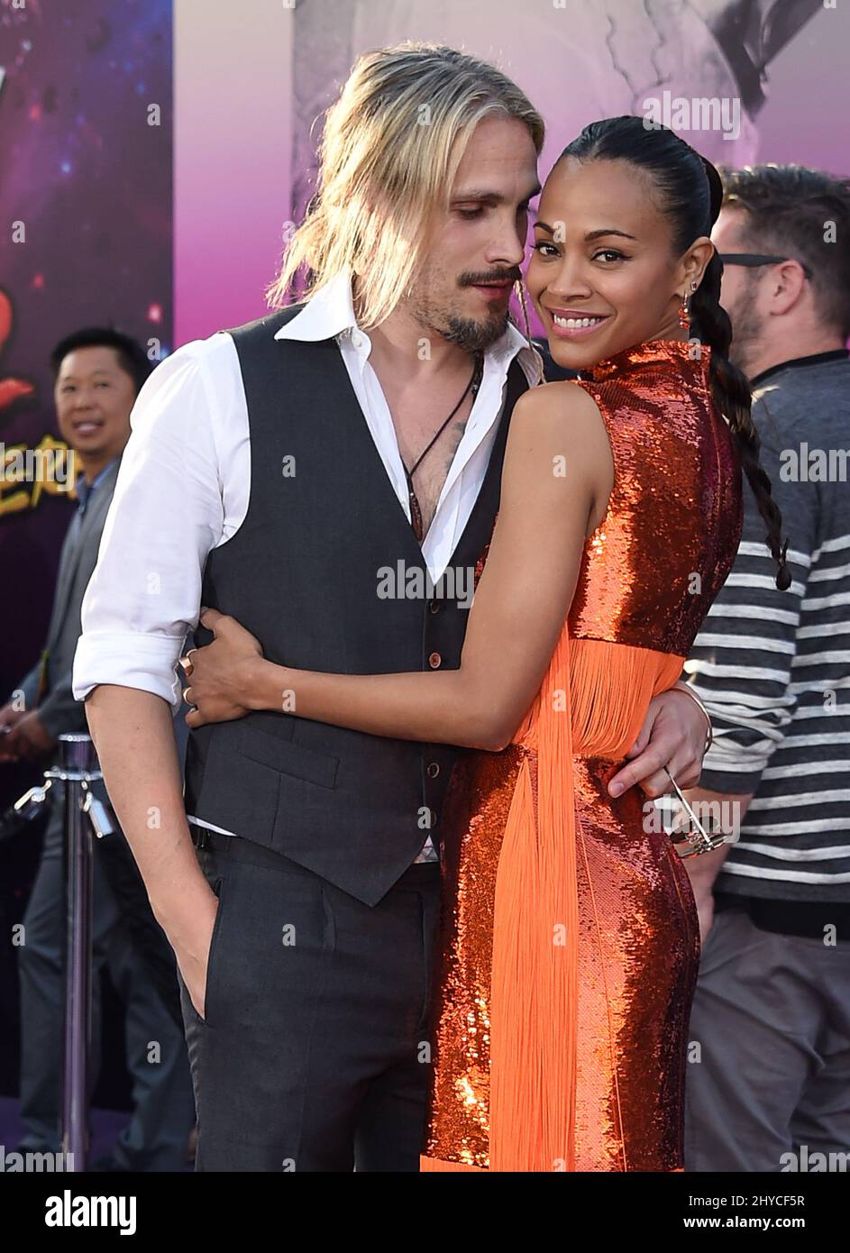 Zoe Saldana and Marco Perego attending the world premiere of Guardians