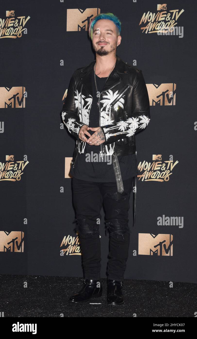 J Balvin in the press room at the 2017 MTV Movie and TV Awards held at the Shrine Auditorium in Los Angeles, USA Stock Photo