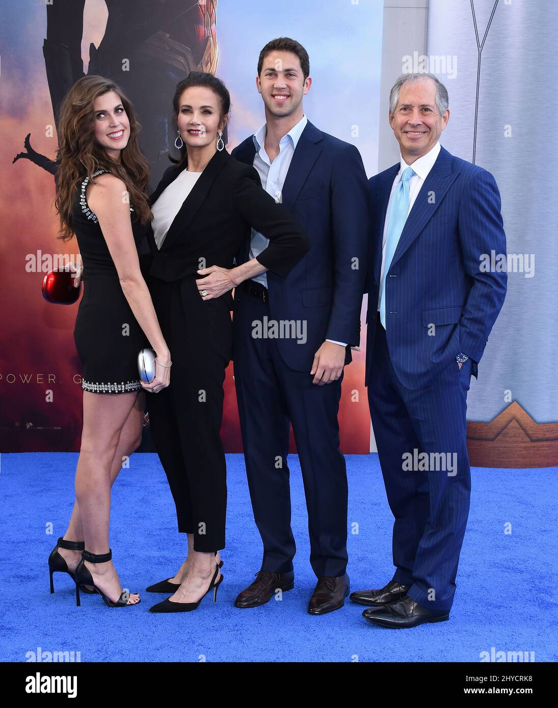 Lynda Carter, Jessica Altman, James Altman and Robert Altman attending the premiere of Wonder Woman, held at the Pantages Theatre in Los Angeles, California Stock Photo