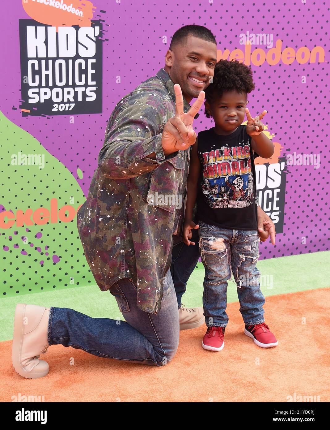 Russell Wilson and Future Zahir Wilburn attending the Nickelodeon Kids' Choice Sports Awards 2017, held at the Pauley Pavilion in Los Angeles, California Stock Photo
