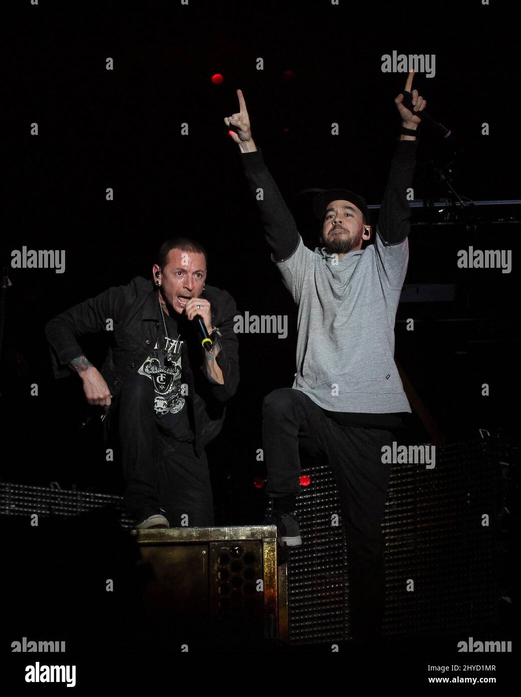 May 9, 2015 Las Vegas, NV. Chester Bennington, Mike Shinoda of Linkin Park Rock in Rio USA Music Festival at the MGM Resorts Festival Grounds Stock Photo