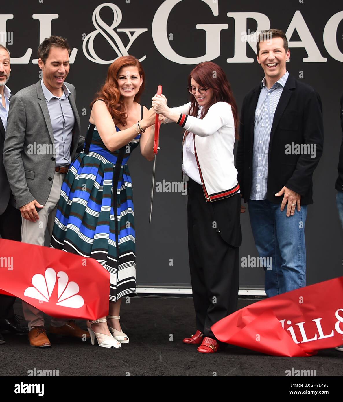 Eric McCormack, Debra Messing, Megan Mullally and Sean Hayes arriving to the 'Will & Grace' Ribbon Cutting Ceremony held at the Universal Studios, Los Angeles Stock Photo