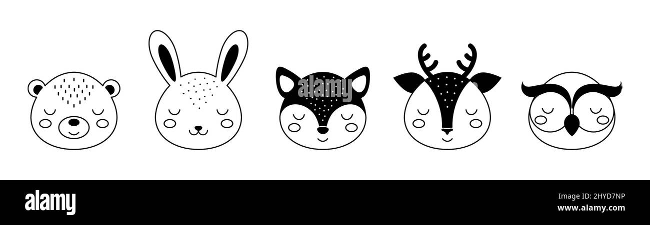 Collection of cartoon animal faces in scandinavian style. Cute animals for kids t-shirts, wear, nursery decoration, greeting cards. Black and white be Stock Vector