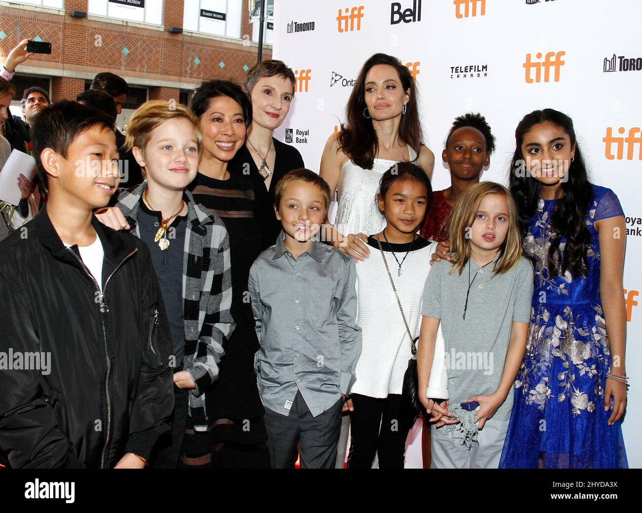 Knox Leon Jolie-Pitt, Shiloh Jolie-Pitt, Saara Chaudry, Vivienne Jolie-Pitt, Angelina Jolie and Zahara Jolie-Pitt 'The Breadwinner'' premiere at the 2017 Toronto International Film Festival held at the Winter Garden Theatre Stock Photo