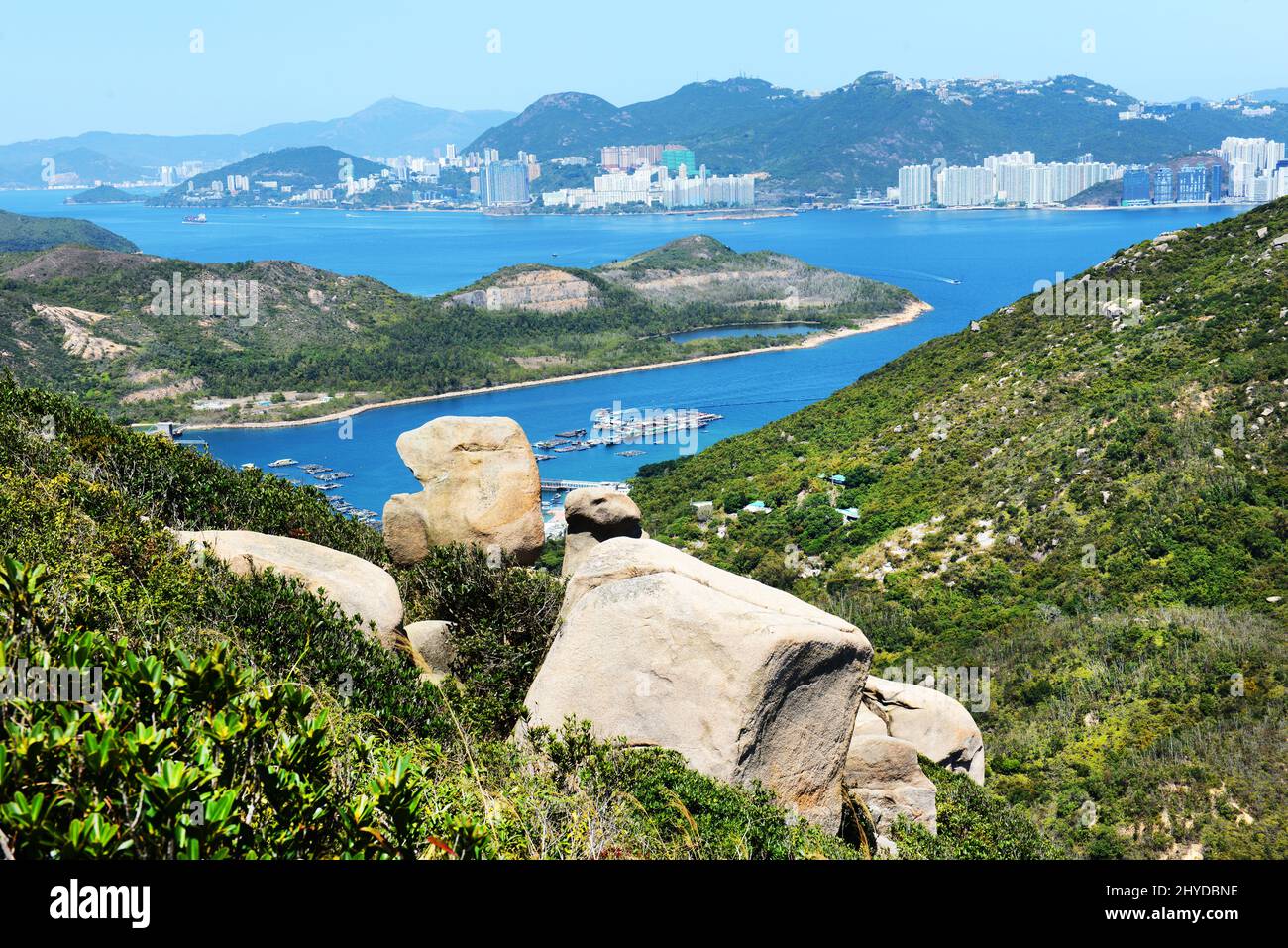 A view of Pichic Bay ( Sok Kwu Wan ), East Lamma Channel and Hong Kong Island ( South Side ) as seen from the top of Mount Stenhouse on Lamma Island. Stock Photo