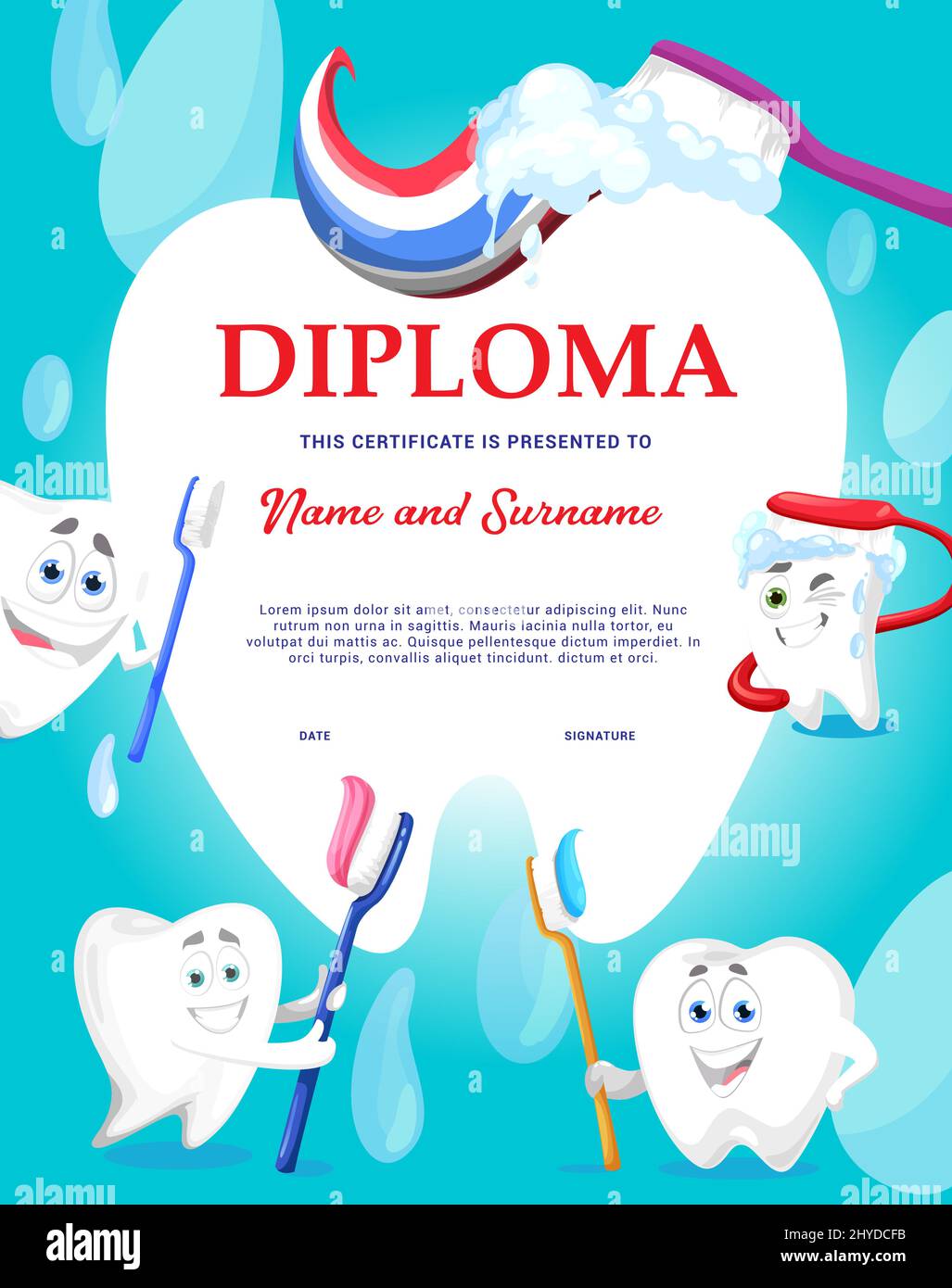 Dental care diploma. Happy cartoon teeth with brush and toothpaste. Vector kids certificate of