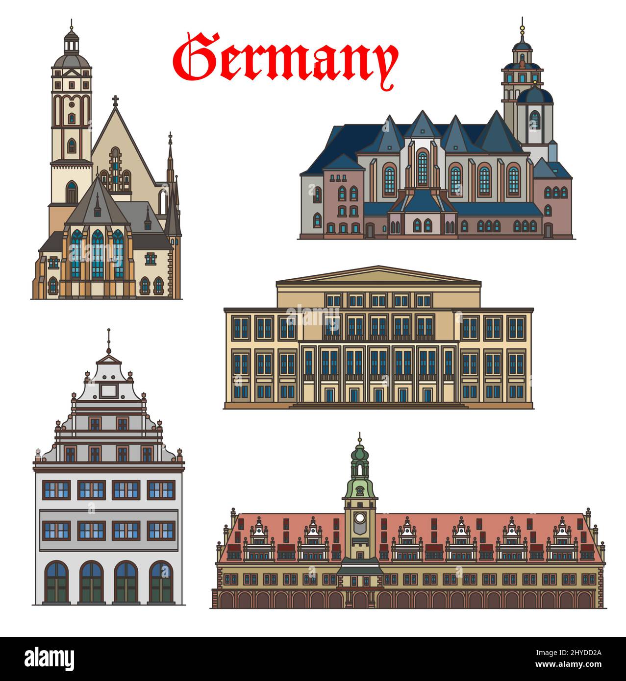 German architecture buildings, Leipzig landmarks vector churches and houses. German travel architecture, Altes Rathaus and Alte Waage, church of St Thomas Thomaskirche and Saint Nicholas Nikolaikirche Stock Vector