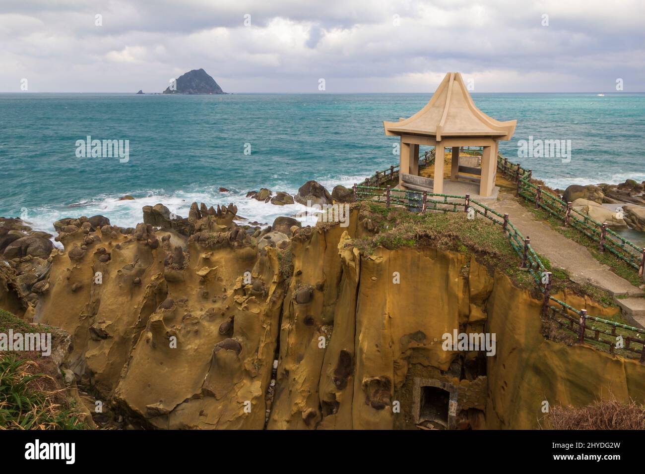 Gazebo, bizarre rocky terrain and rock formations at the Heping (Hoping) Island Park (also known as Peace Island Park) in Keelung, Taiwan. Stock Photo