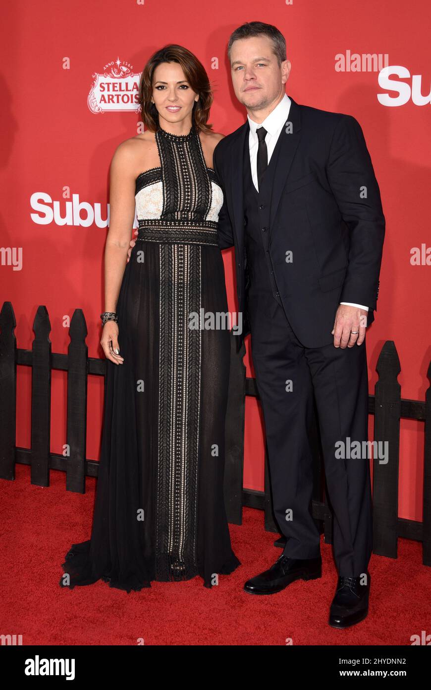 Matt Damon and Luciana Barroso arriving for the 'Suburbicon' Premiere held at the Regency Village Theatre, Los Angeles Stock Photo