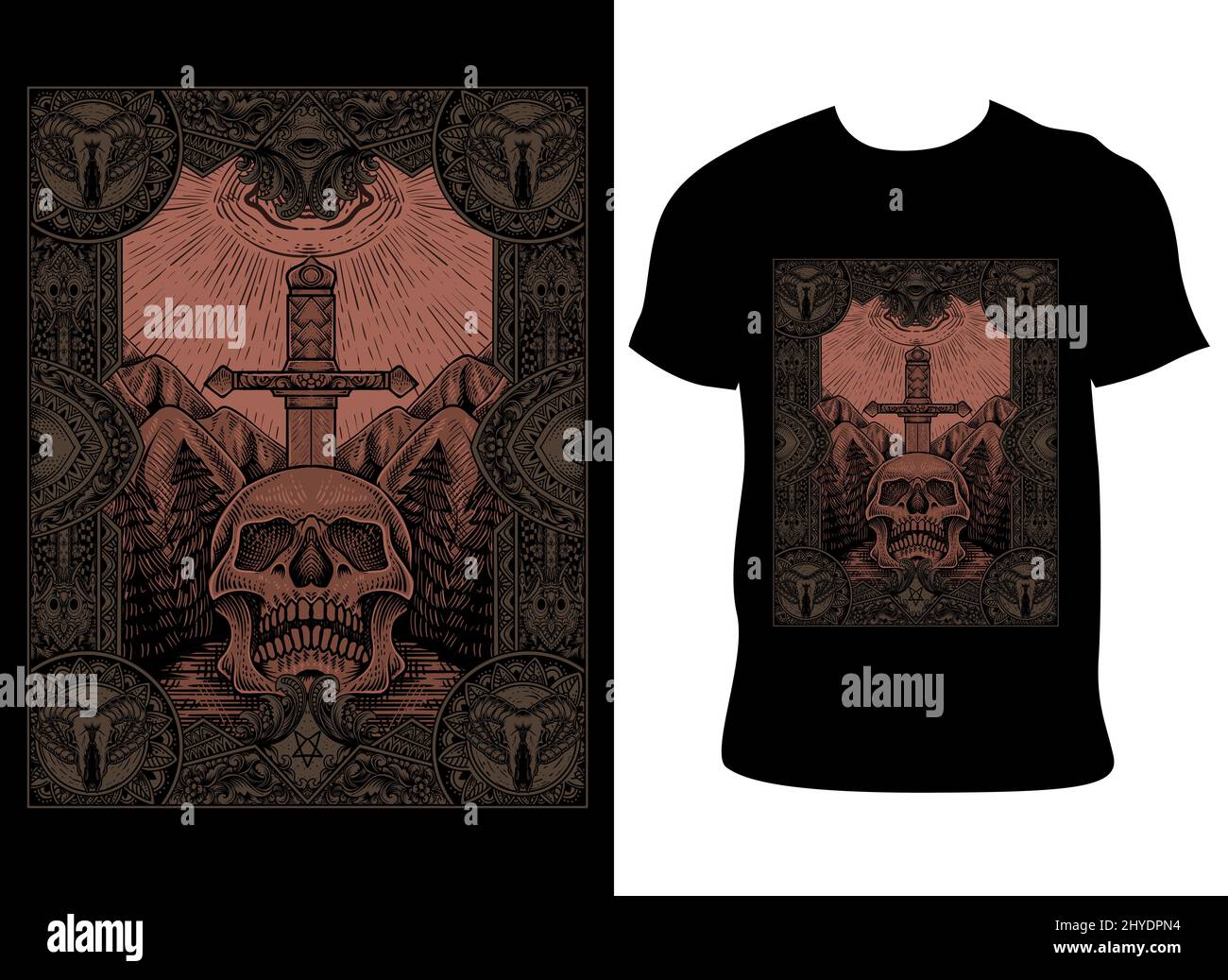 illustration antique skull sword with dark eyes engraving style Stock ...