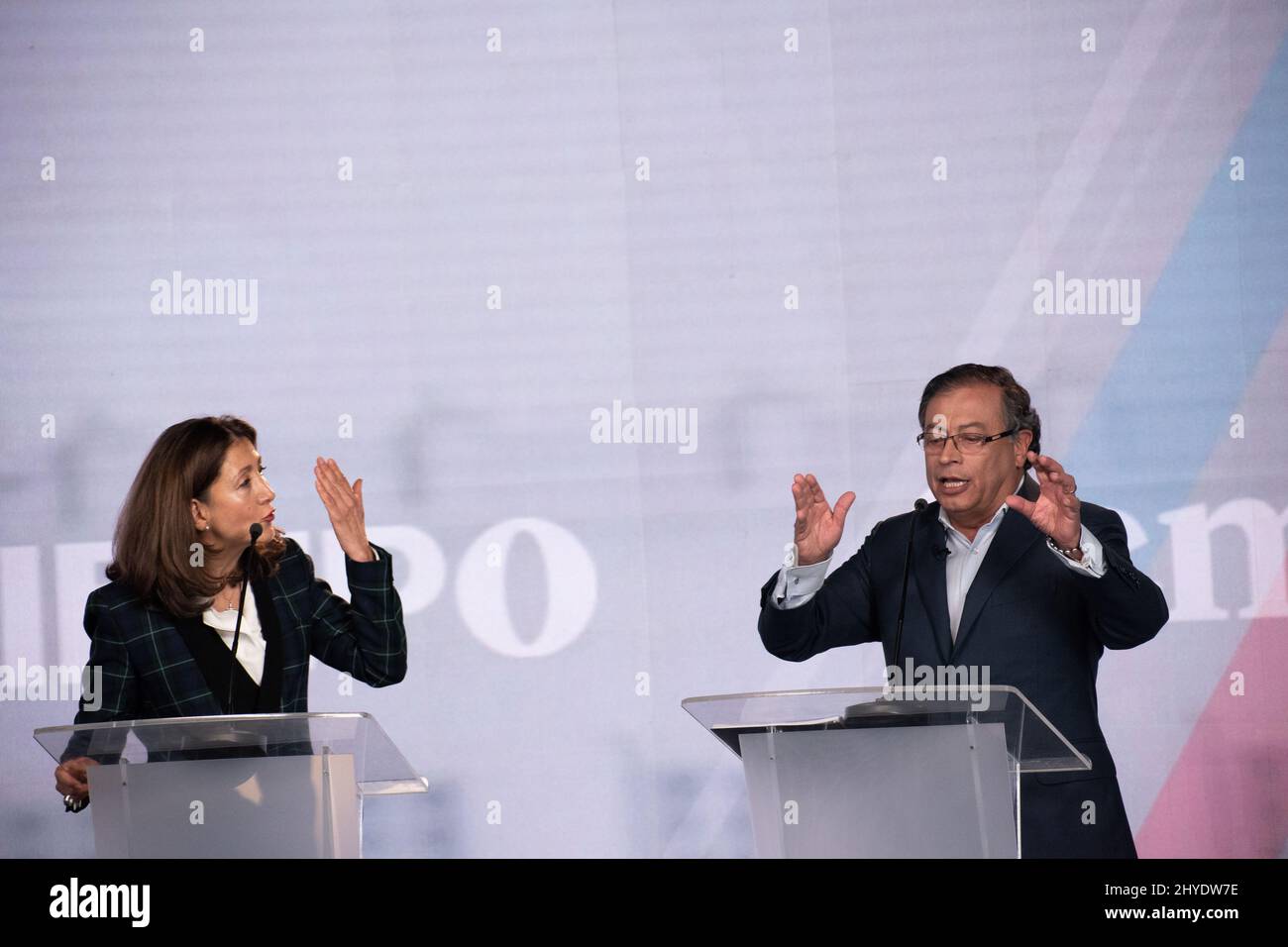 Bogota, Colombia. 14th Mar, 2022. Presidential candidate franch-colombian Ingrid Betancourt for political party 'Partido Verde Oxigeno' argues with leftist candidate for 'Pacto Historico' Gustavo Petro during the first debate after the preliminary elections in Bogota, Colombia, on March 14, 2022. Petro, from the leftist coalition 'Pacto Historico' won the most votes during the preliminary consultation during the congressional elections. Photo by: Daniel Romero/Long Visual Press Credit: Long Visual Press/Alamy Live News Stock Photo