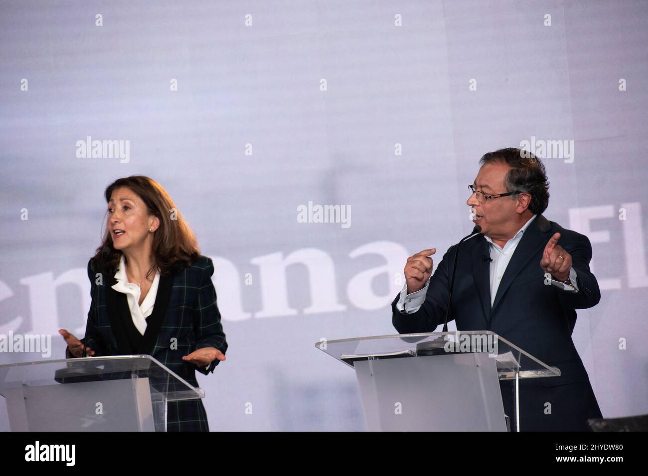 Bogota, Colombia. 14th Mar, 2022. Presidential candidate franch-colombian Ingrid Betancourt for political party 'Partido Verde Oxigeno' argues with leftist candidate for 'Pacto Historico' Gustavo Petro during the first debate after the preliminary elections in Bogota, Colombia, on March 14, 2022. Petro, from the leftist coalition 'Pacto Historico' won the most votes during the preliminary consultation during the congressional elections. Photo by: Daniel Romero/Long Visual Press Credit: Long Visual Press/Alamy Live News Stock Photo
