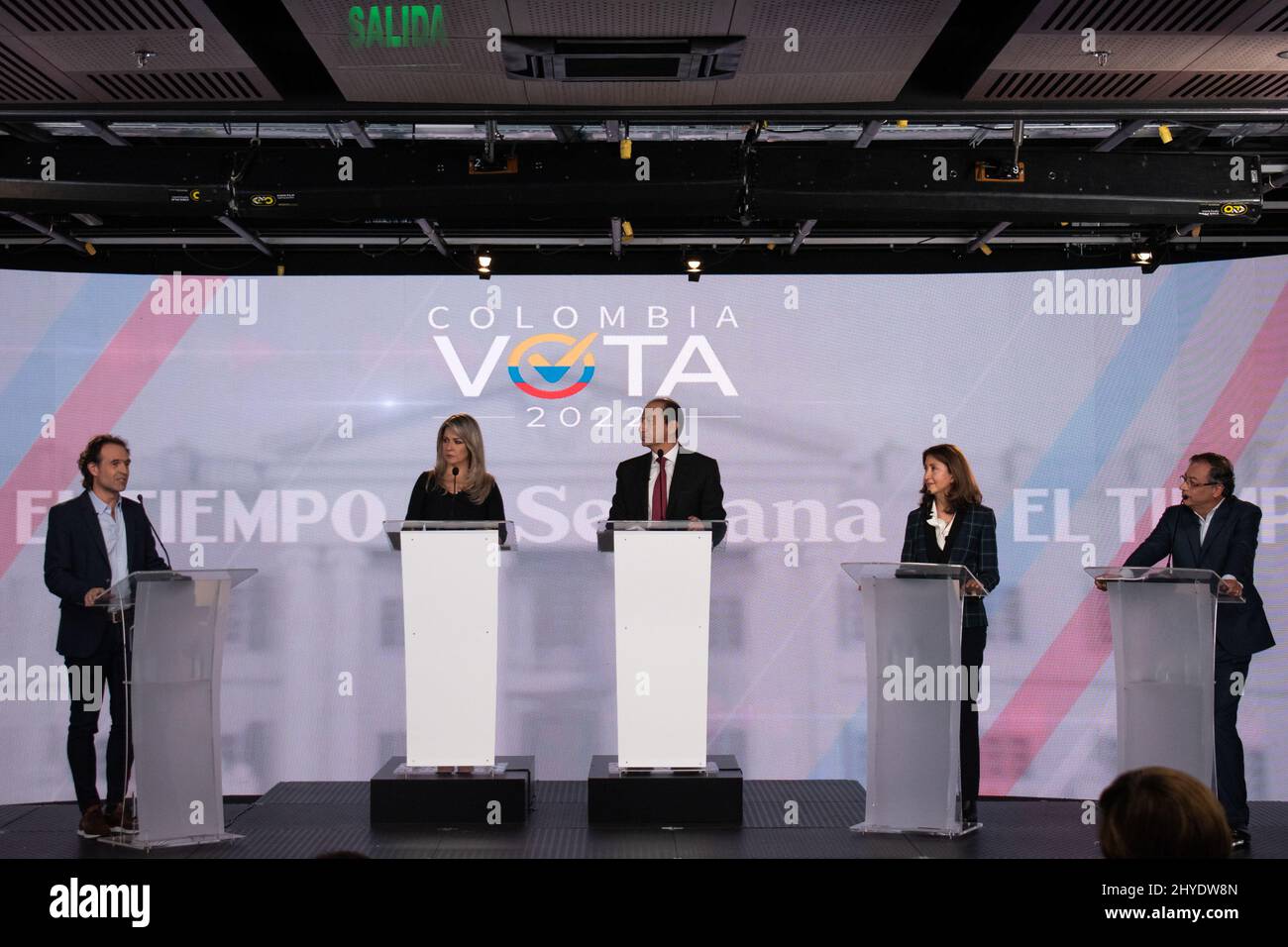 Bogota, Colombia. 14th Mar, 2022. Colombian presidential candidates center-right Federico Gutierrez (Left), centrist Ingrid Betancourt (Second Right) and leftist Gustavo Petro (Right) during the first debate after the preliminary elections in Bogota, Colombia, on March 14, 2022. Petro, from the leftist coalition 'Pacto Historico' won the most votes during the preliminary consultation during the congressional elections. Photo by: Daniel Romero/Long Visual Press Credit: Long Visual Press/Alamy Live News Stock Photo