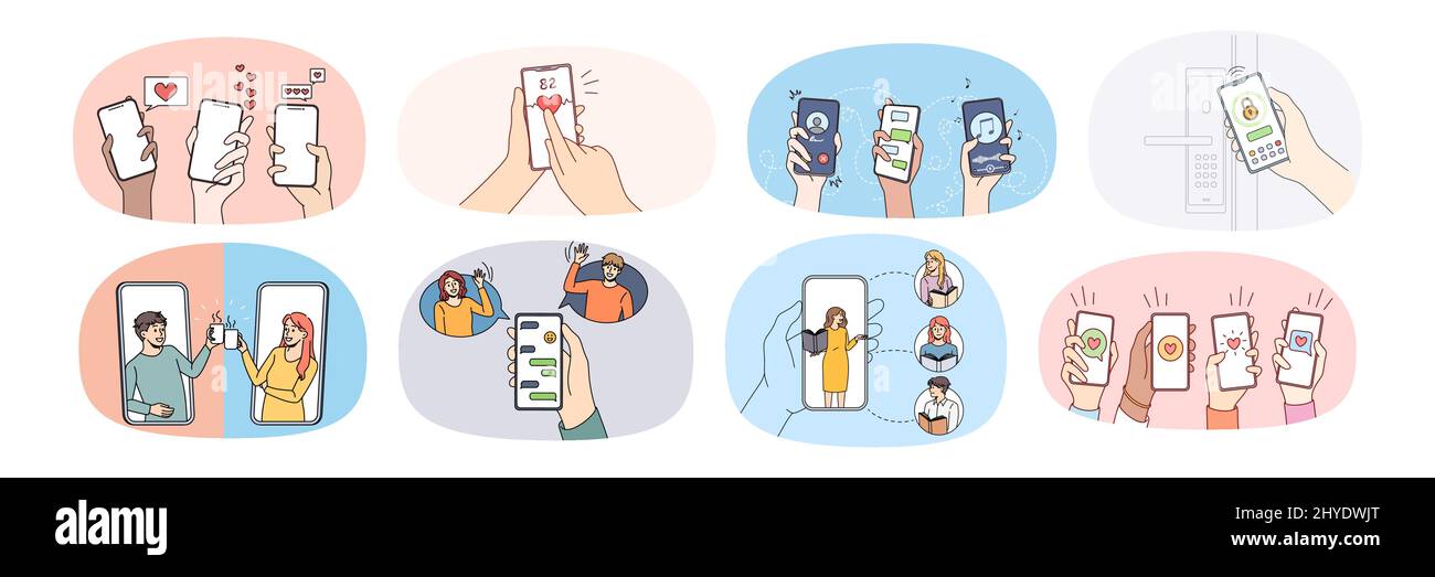 Set of diverse people hands hold cellphone in hands communicate online ...