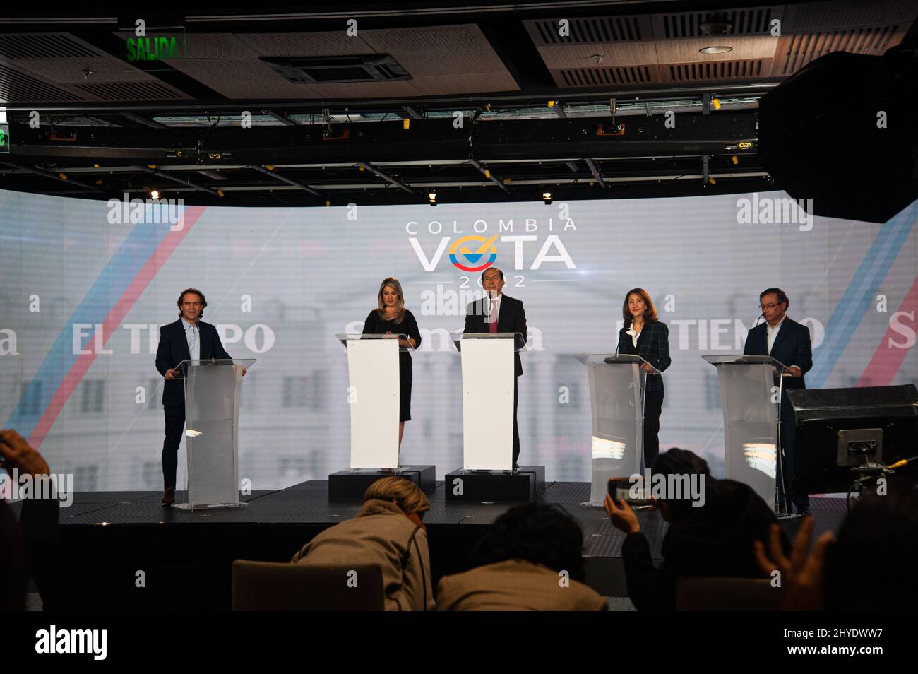 Bogota, Colombia. 14th Mar, 2022. Colombian presidential candidates center-right Federico Gutierrez (Left), centrist Ingrid Betancourt (Second Right) and leftist Gustavo Petro (Right) during the first debate after the preliminary elections in Bogota, Colombia, on March 14, 2022. Petro, from the leftist coalition 'Pacto Historico' won the most votes during the preliminary consultation during the congressional elections. Photo by: Chepa Beltran/Long Visual Press Credit: Long Visual Press/Alamy Live News Stock Photo
