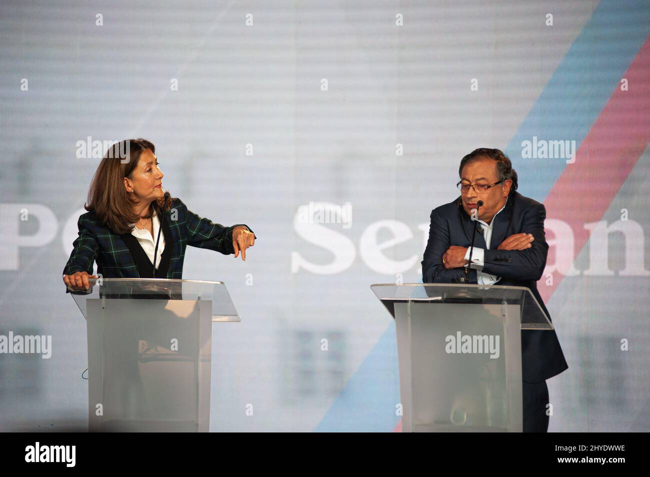 Bogota, Colombia. 14th Mar, 2022. Presidential candidate franch-colombian Ingrid Betancourt for political party 'Partido Verde Oxigeno' argues with leftist candidate for 'Pacto Historico' Gustavo Petro during the first debate after the preliminary elections in Bogota, Colombia, on March 14, 2022. Petro, from the leftist coalition 'Pacto Historico' won the most votes during the preliminary consultation during the congressional elections. Photo by: Chepa Beltran/Long Visual Press Credit: Long Visual Press/Alamy Live News Stock Photo
