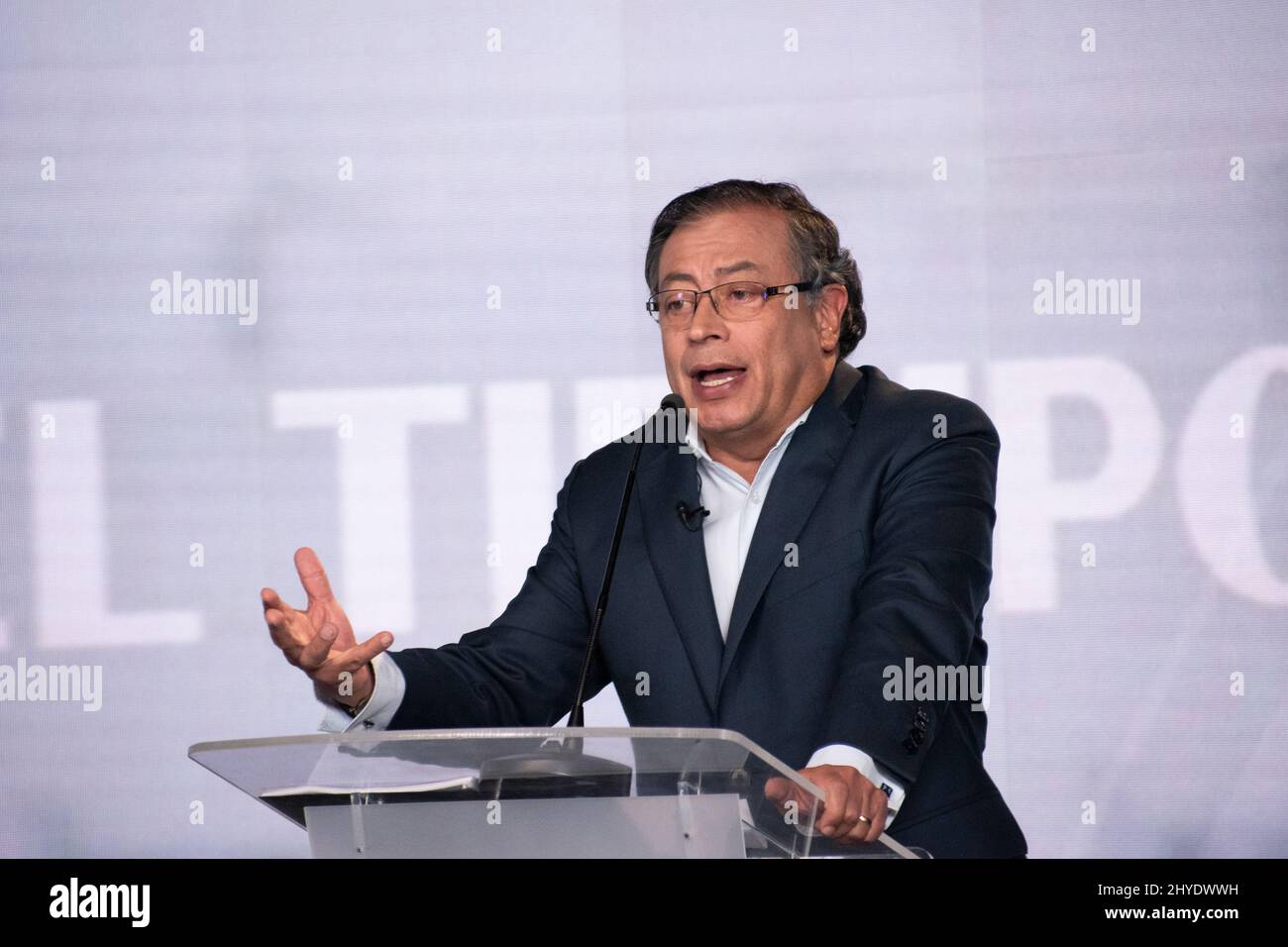Bogota, Colombia. 14th Mar, 2022. Colombian leftist presidential candidate for Pacto Historico Alliance Gustavo Petro speaks during the first debate after the preliminary elections in Bogota, Colombia, on March 14, 2022. Petro, from the leftist coalition 'Pacto Historico' won the most votes during the preliminary consultation during the congressional elections. Photo by: Daniel Romero/Long Visual Press Credit: Long Visual Press/Alamy Live News Stock Photo