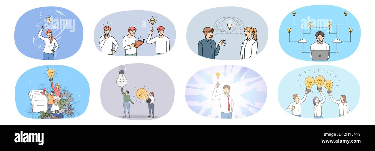 Set of businesspeople with lightbulb brainstorm generate creative ...