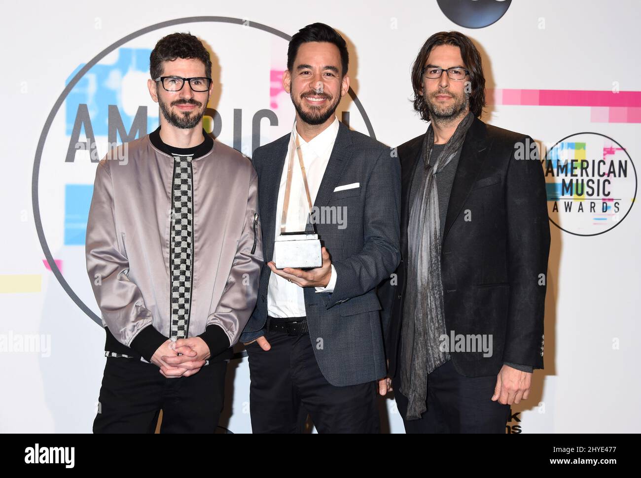 Brad Delson, Mike Shinoda, Rob Bourdon of Linkin Park at the 2017 American Music Awards held at the Microsoft Theatre L.A. Live Stock Photo