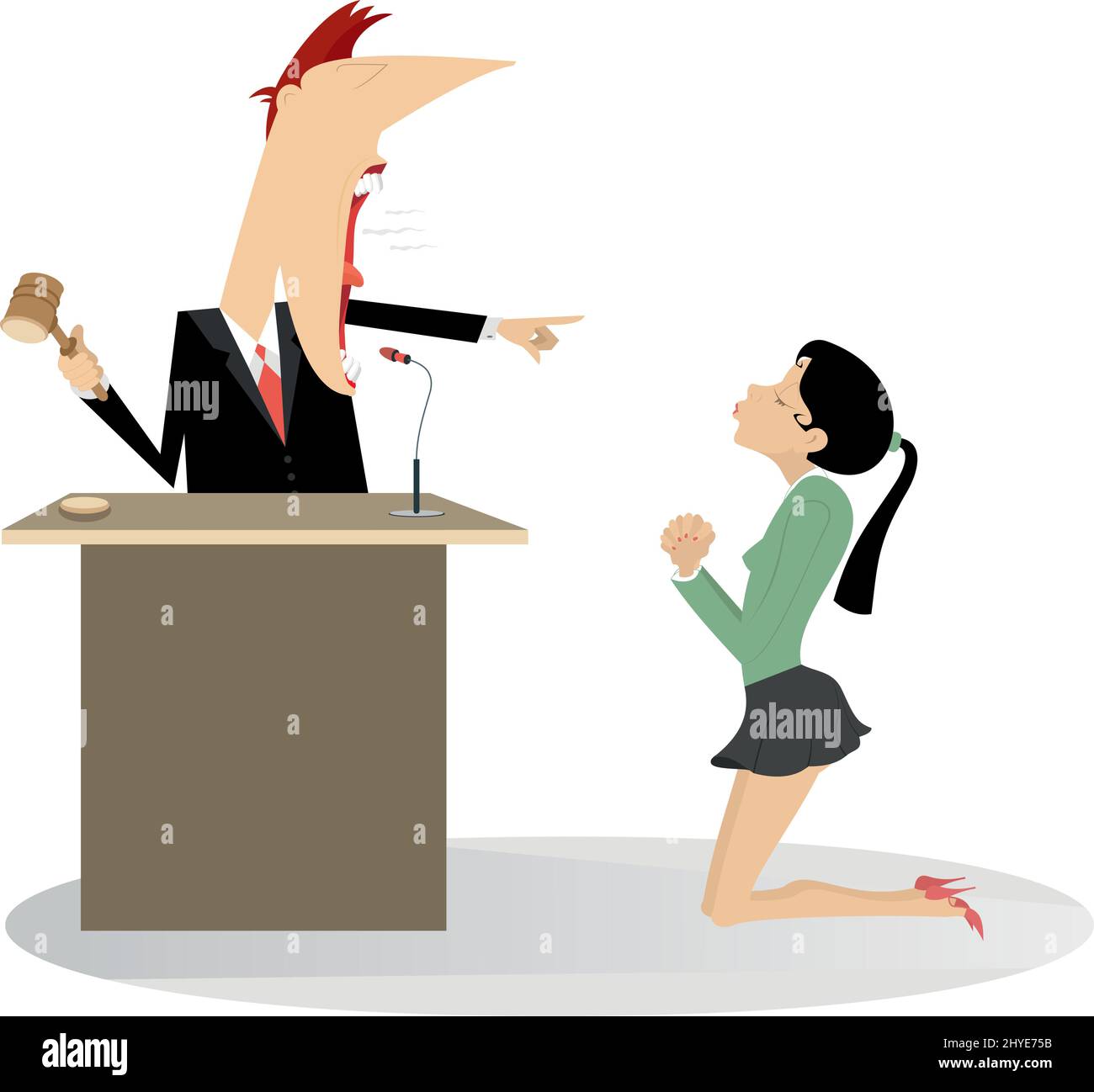 Judge court, judge and convicted woman illustration. Angry judge announces the sentence to a kneeling woman offender isolated on white background Stock Vector