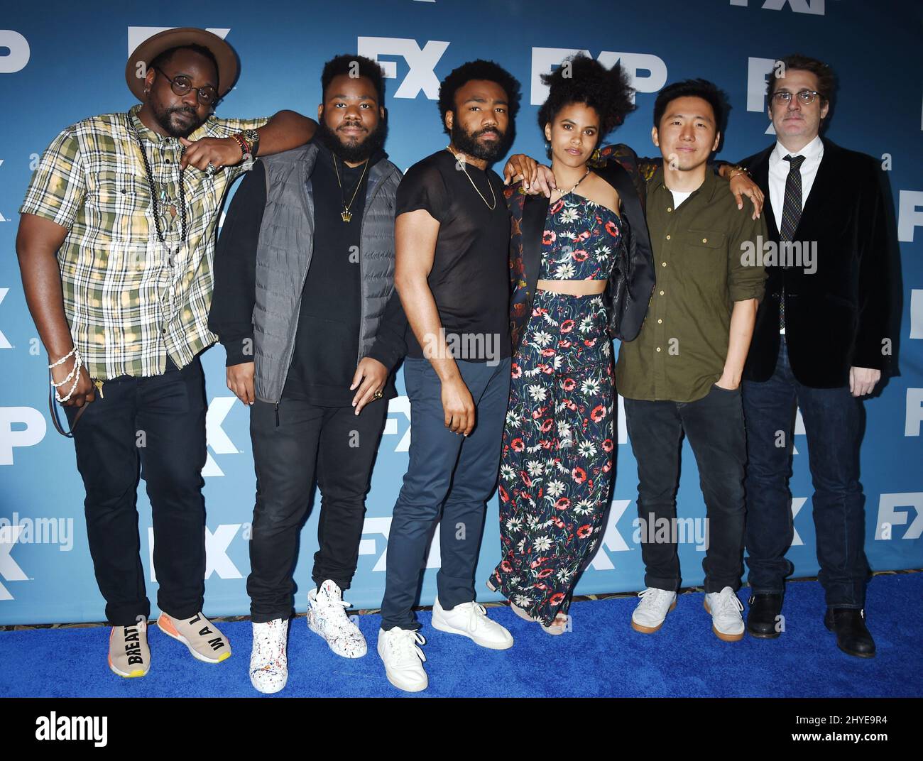 Brian Tyree Henry, Stephen Glover, Donald Glover, Zazie Beetz, Hiro Murai and Paul Simms attending the FX Starwalk during the 2018 Winter TCA Tour held at the Langham Huntington Hotel on January 5, 2018 in Pasadena, CA Stock Photo