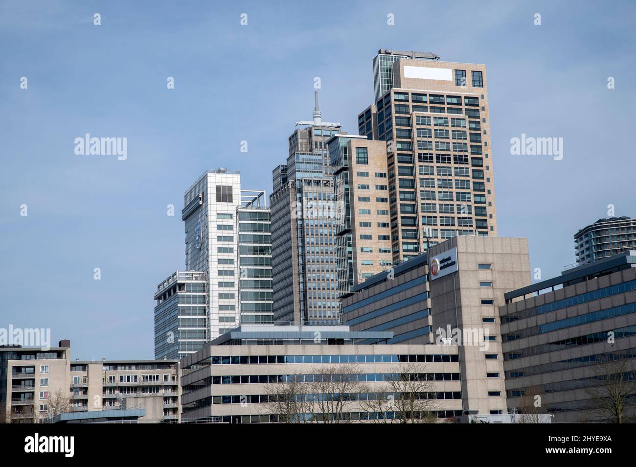 Close Up Business Skyline From Park Somerlust At The Amstelriver Amsterdam The Netherlands 13-3-2022 Stock Photo