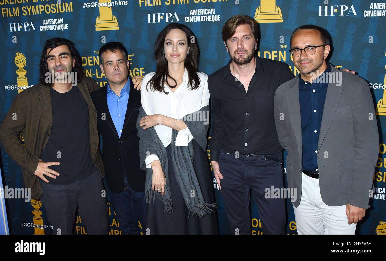 Fatih Akin, Sebastian Lelio, Angelina Jolie, Ruben Ostlund and Andrey Zvyagintsev at the HFPA and American Cinematheque present the Golden Globe Foreign-Language nominees series 2018 symposium held at the Egyptian Theatre on January 6, 2018 in Hollywood, CA Stock Photo