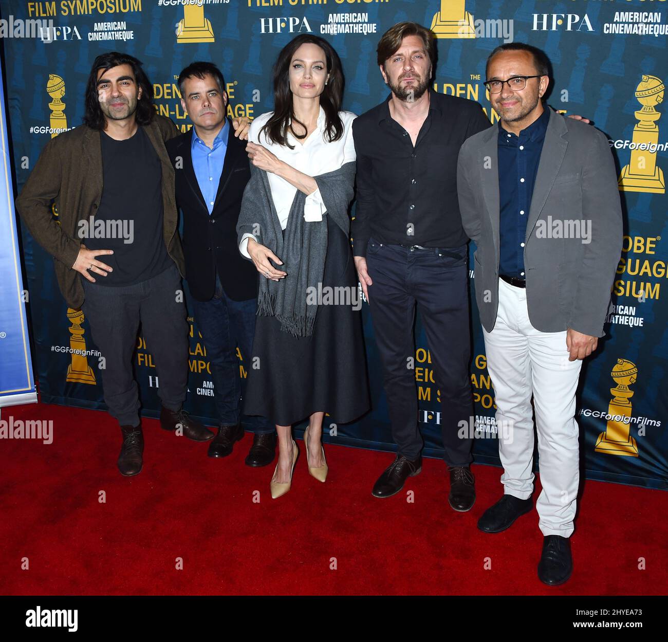 Fatih Akin, Sebastian Lelio, Angelina Jolie, Ruben Ostlund and Andrey Zvyagintsev at the HFPA and American Cinematheque present the Golden Globe Foreign-Language nominees series 2018 symposium held at the Egyptian Theatre on January 6, 2018 in Hollywood, CA Stock Photo
