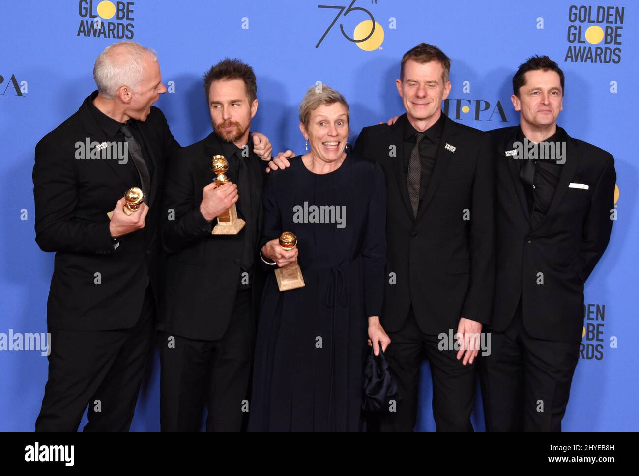 Three Billboards Outside Ebbing, Missouri 'Cast' in the press room at the 75th Annual Golden Globe Awards held at the Beverly Hilton Hotel on January 7, 2018 in Beverly Hills, CA Stock Photo