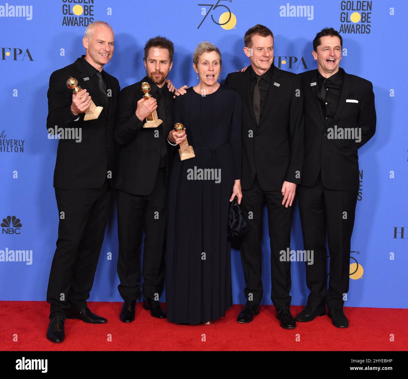 Three Billboards Outside Ebbing, Missouri 'Cast' in the press room at the 75th Annual Golden Globe Awards held at the Beverly Hilton Hotel on January 7, 2018 in Beverly Hills, CA Stock Photo