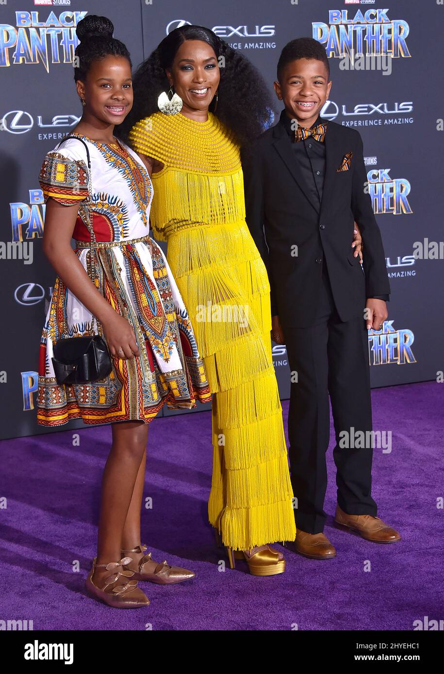 Angela Bassett, Bronwyn Vance and Slater Vance at the 'Black Panther' premiere held at the Dolby Theatre on January 29, 2018 in Hollywood, USA. Stock Photo