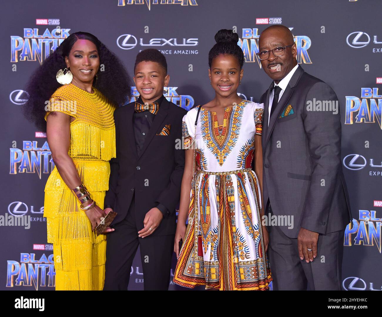 Angela Bassett, Bronwyn Vance, Slater Vance and Courtney B. Vance at the 'Black Panther' premiere held at the Dolby Theatre on January 29, 2018 in Hollywood, USA. Stock Photo