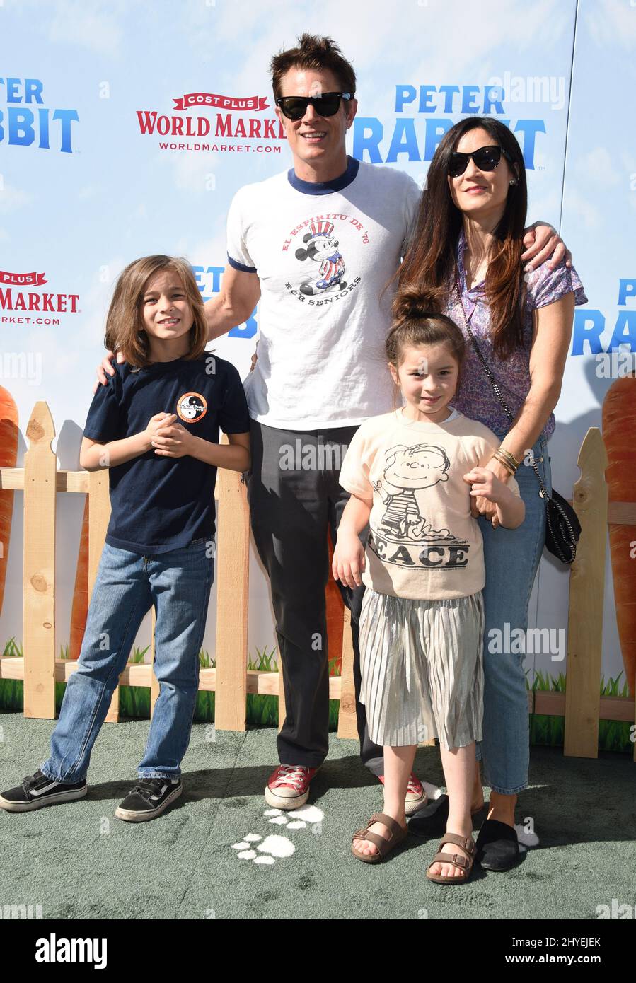 Johnny Knoxville, Naomi Nelson, Rocco Knoxville and Arlo Knoxville at the 'Peter Rabbit' World Premiere held at The Grove on February 3, 2018 in Los Angeles, CA Stock Photo