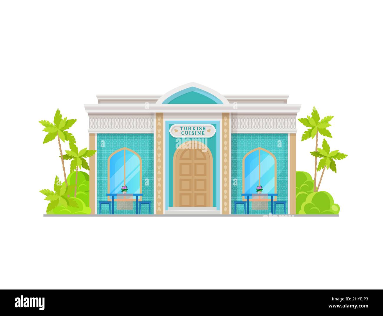 Turkish cuisine restaurant building icon. City street cafe with arab ornaments on blue tile