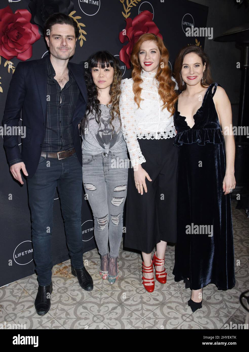Richard Short, Grace Lynn Kung, Rachelle LeFevre and Caroline Dhavernas arriving for Lifetime's Anti-Valentine's Bash for the 'UnREAL' and 'Mary Kills People' Premieres held at Eveleigh on February 13, 2018 in West Hollywood, Los Angeles Stock Photo