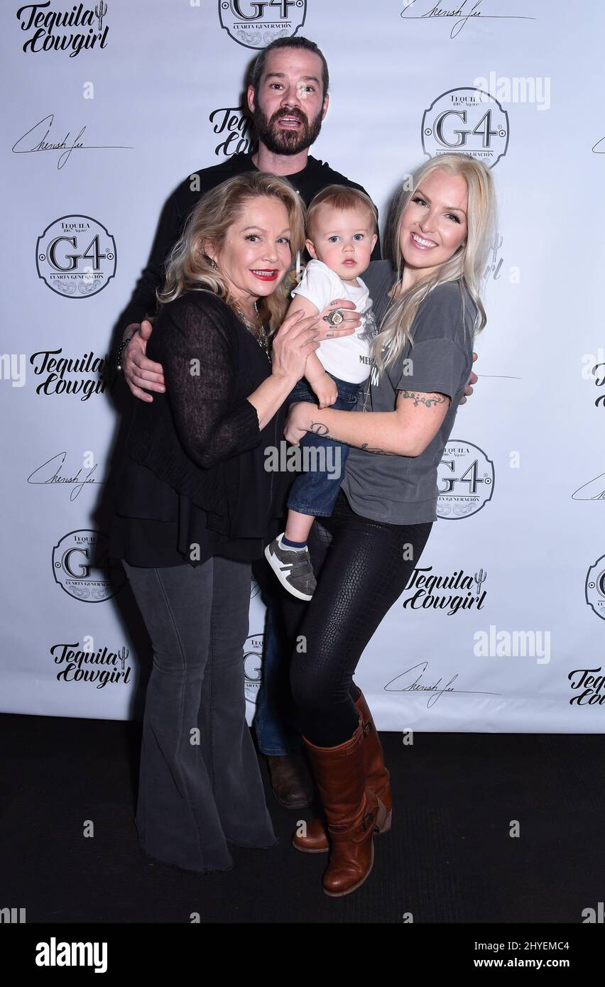 Charlene Tilton, Chase Christopher, son Wyatt Rein Christopher and Cherish Lee at her 'Tequila Cowgirl' debut CD release celebration held at 3rd & Lindsley on February 22, 2018 in Nashville, Tennessee Stock Photo