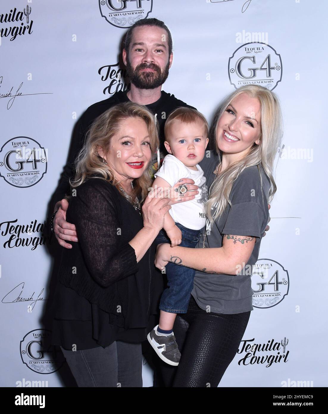 Charlene Tilton, Chase Christopher, son Wyatt Rein Christopher and Cherish Lee at her 'Tequila Cowgirl' debut CD release celebration held at 3rd & Lindsley on February 22, 2018 in Nashville, Tennessee Stock Photo