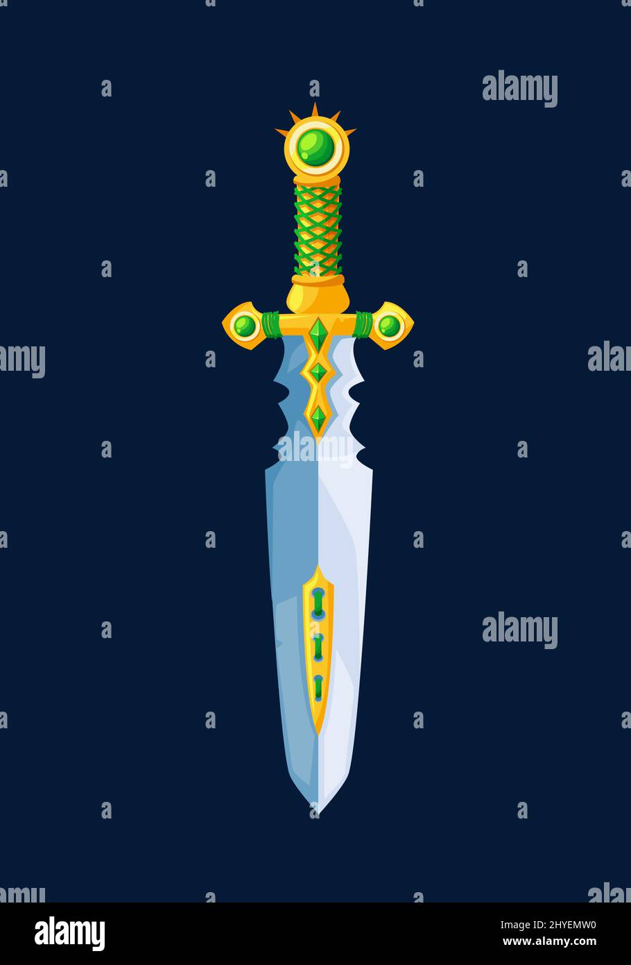 Magical cartoon sword steel blade with green hilt decorated gems ...