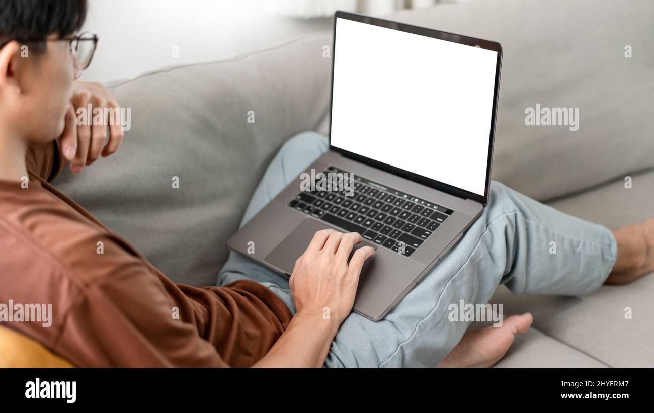 Lean Into Screen Technology Concept The man that is putting on glasses leaning his back ...