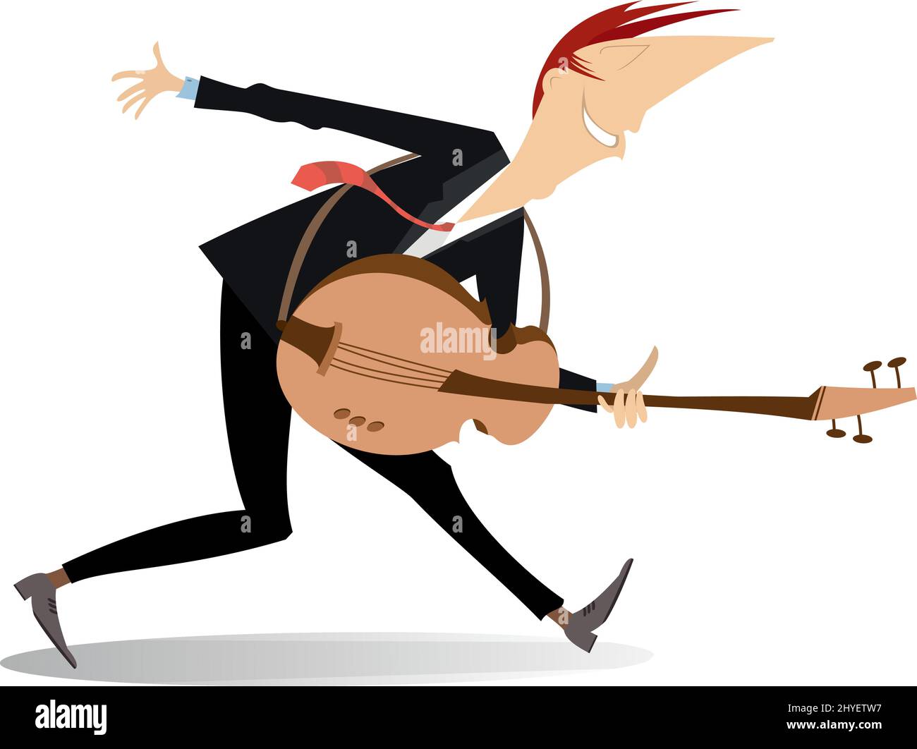 Cartoon guitar player illustration.  Smiling man playing guitar isolated on white Stock Vector