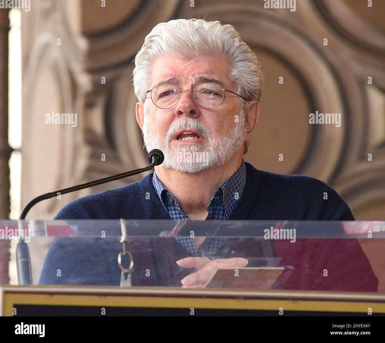 George Lucas at the Mark Hamill Hollywood Walk of Fame star ceremony held on Hollywood Blvd on March 8th, 2018 Stock Photo