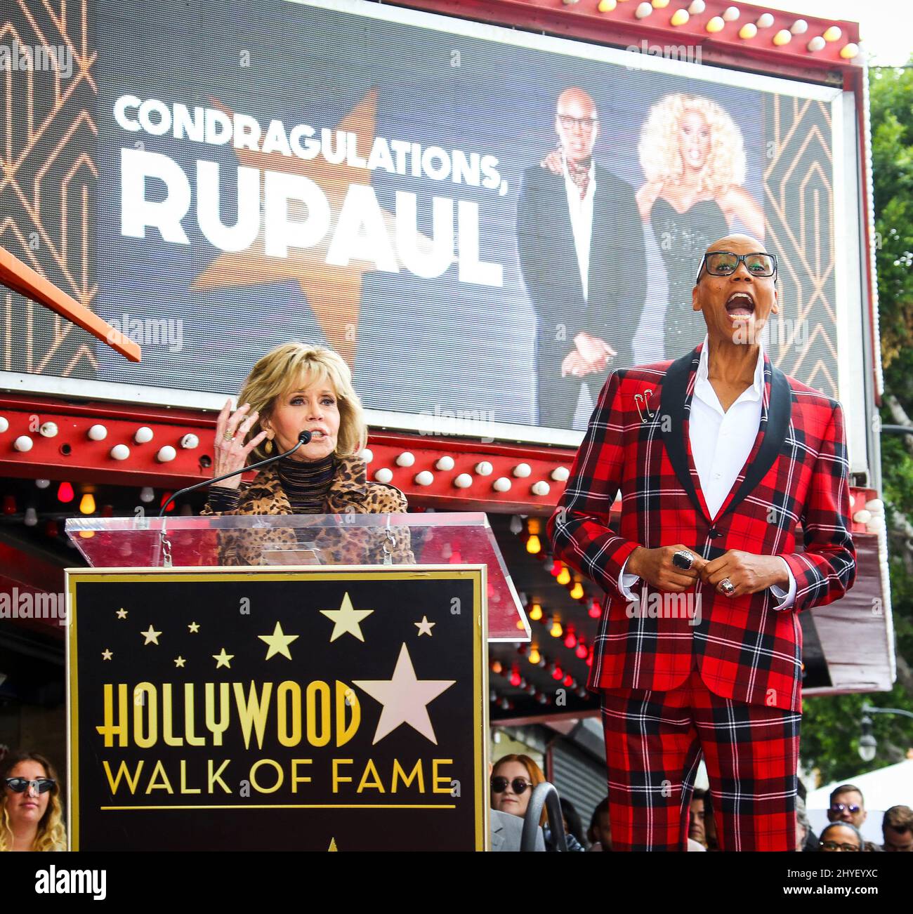 Jane Fonda joins RuPaul at her Hollywood Walk of Fame star ceremony on March 16, 2018 in Hollywood, CA. Stock Photo