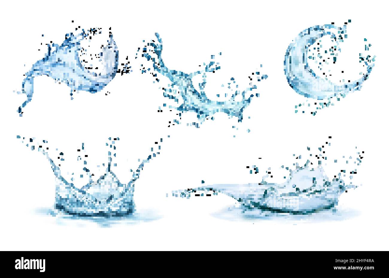 Water crown splashes and wave swirl with drops. Vector transparent blue