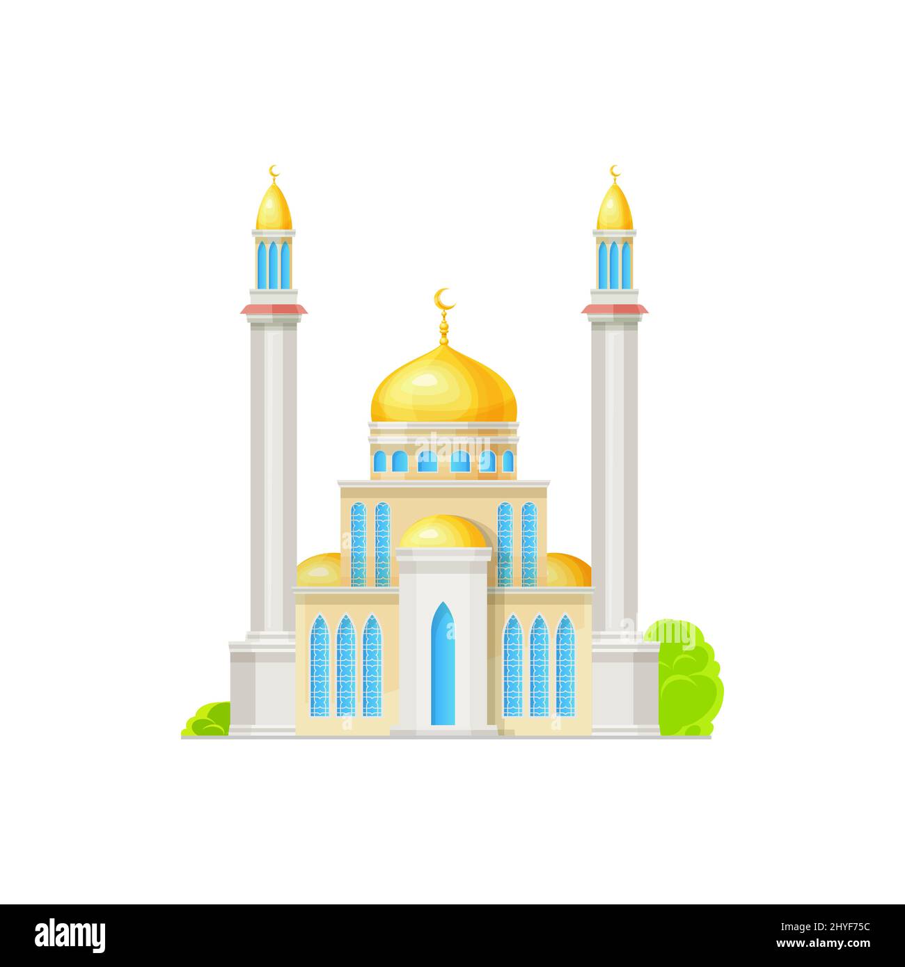 Mosque building icon. Islam religion temple with golden domes, narrow windows and crescents on high minarets towers. Antique mosque facade, arabian religious vector building Stock Vector