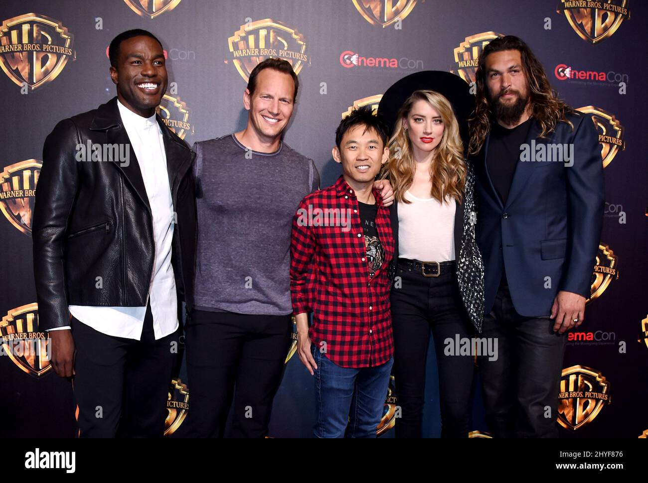 Yahya Abdul-Mateen II, Patrick Wilson, James Wan, Amber Heard an attending Warner Bros at CinemaCon 2018 in Las Vegas Stock Photo