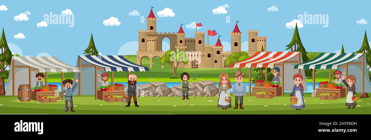 Medieval town scene with villagers at the market illustration Stock ...