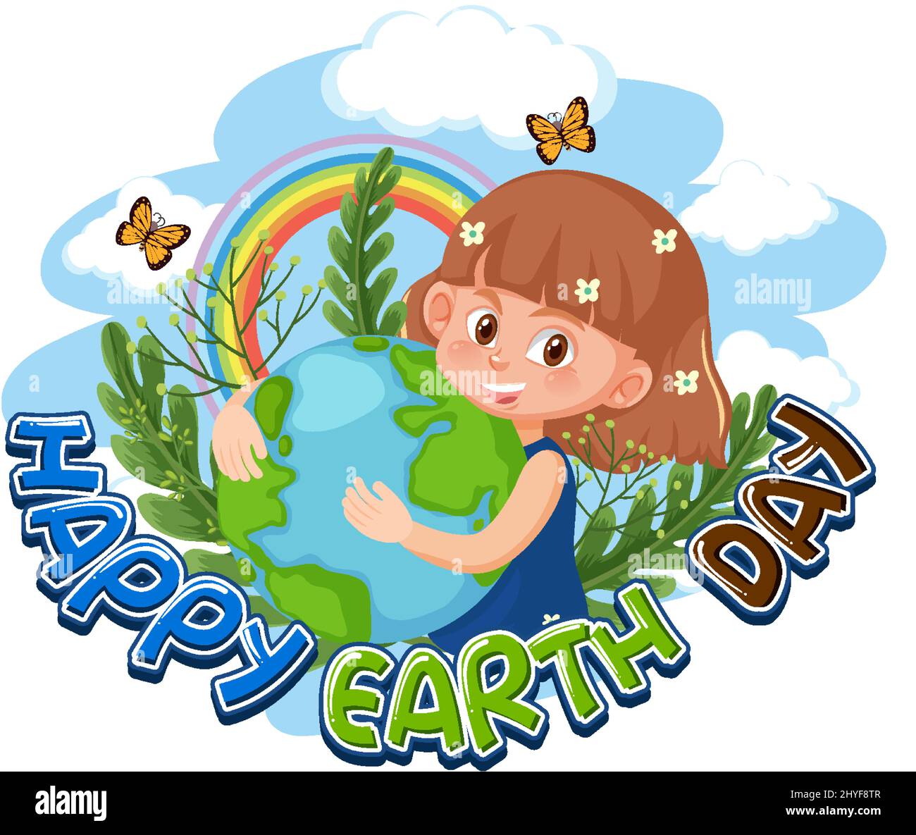 A girl hugging earth globe with Happy Earth Day typography design ...