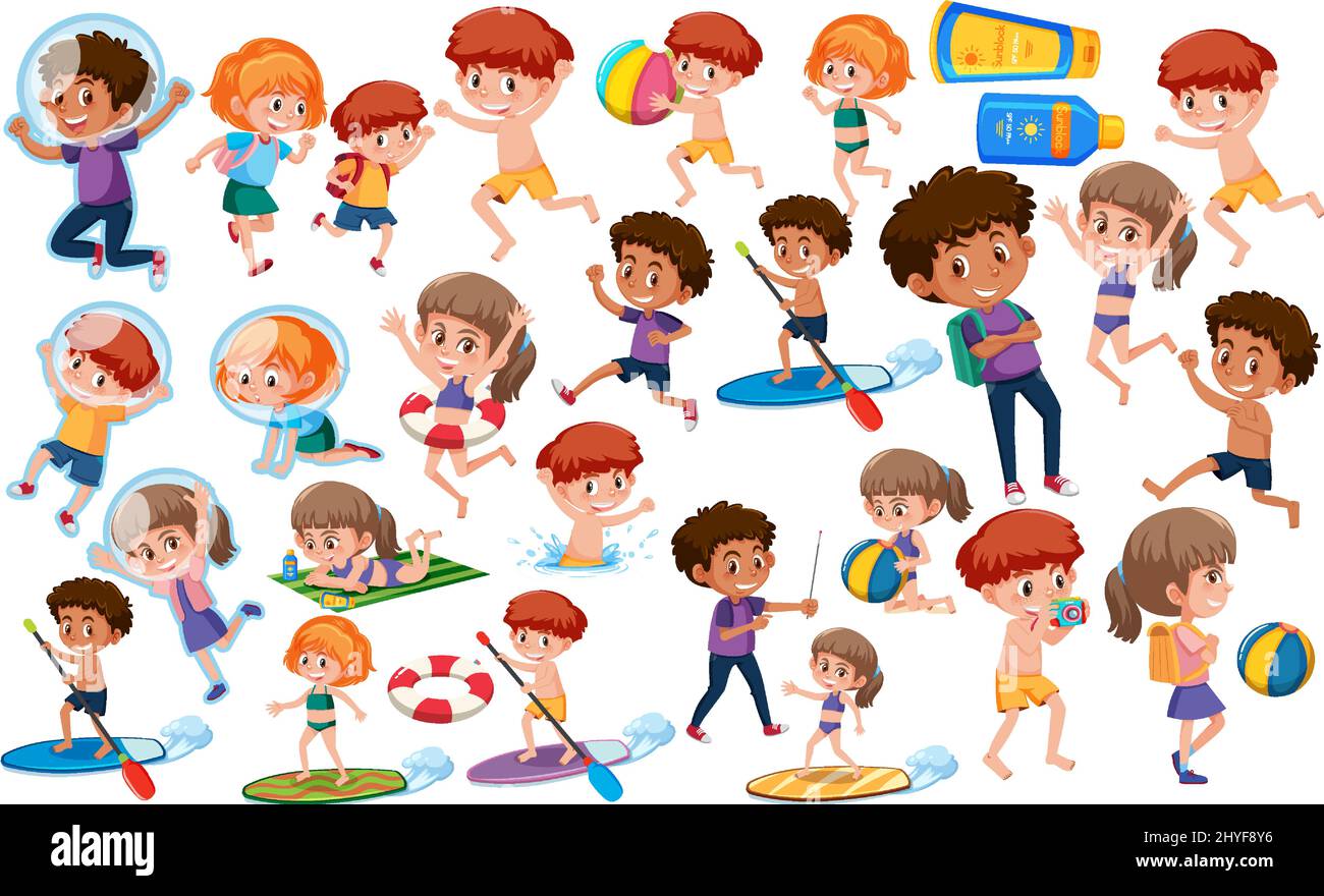 Collection of many kids doing different activities illustration Stock ...